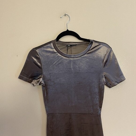 Zara Women S Taupe Grey Metallic Velvet Side Slit Fitted Bodycon Midi Dress NWT - Picture 7 of 12